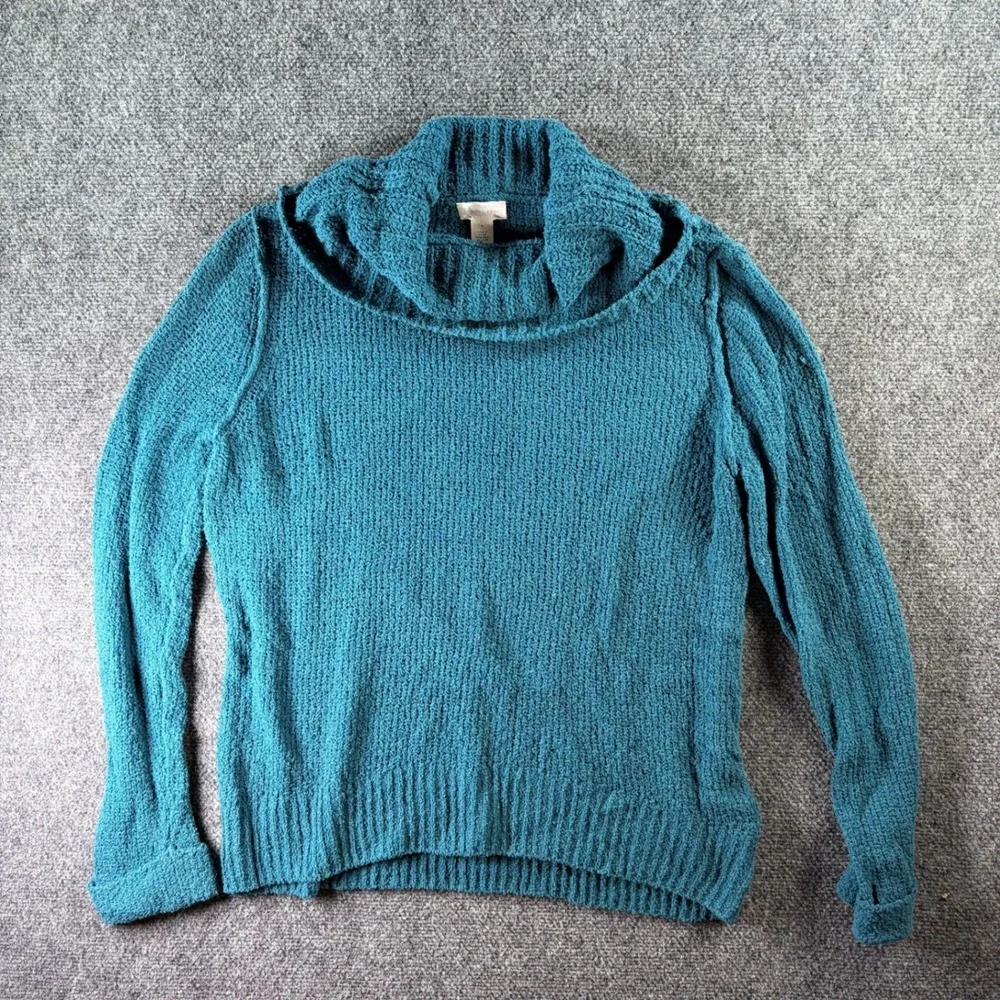 Caslon Cowl Neck Sweater Womens Small Teal Blue Textured Cotton Blend Pullover